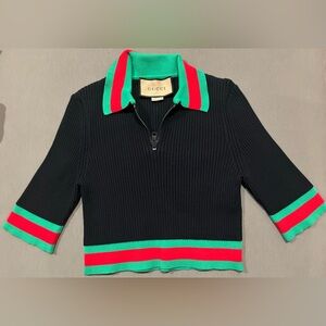 Gucci Ribbed-knit cropped polo shirt size M